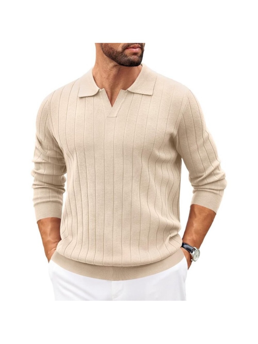 Men's Polo Sweaters Long Sleeve V Neck Knit Casual Pullover Sweater Cream